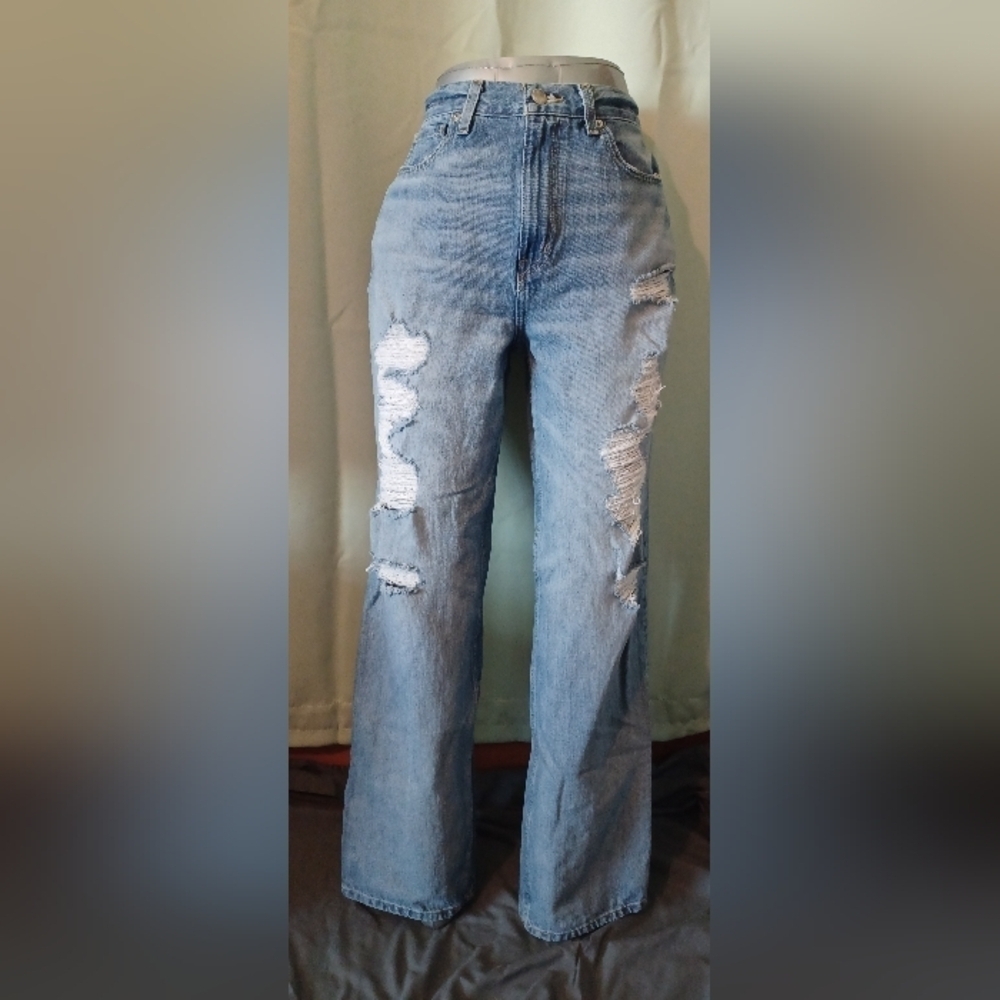 Fashion Nova Blue Wide Leg Distressed Jeans
